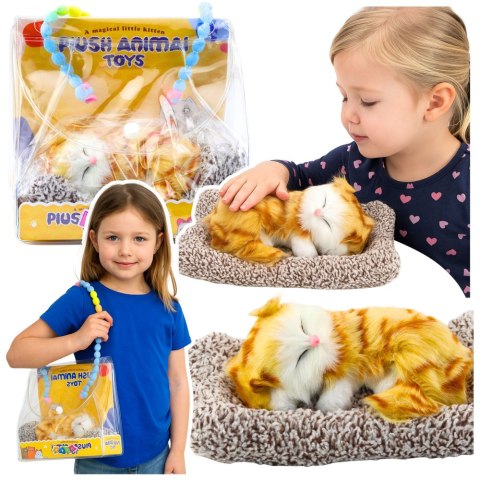 Śpiący Rudy Kot Na Poduszce Figurka z Futerkiem Torba Dźwięki LEAN Toys