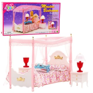 Zestaw Meble Dla Lalek Łóżko z Baldachimem Szafki Nocne Lampki LEAN Toys
