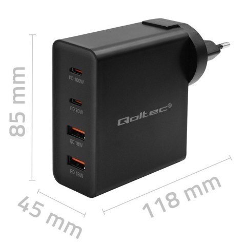 Ładowarka GaN Power Pro | 2xUSB-C | 2xUSB | 130W | 5-20V | 1.5-5A| PD | Czarna Qoltec