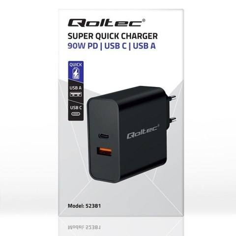 Ładowarka Super Quick PD | 1xUSB-C | 1xUSB | 90W | 5-20V | 2.4-4.35A | Czarna Qoltec