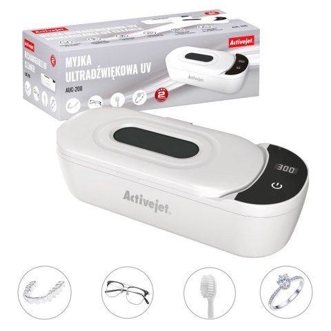 Myjka ultradźwiękowa UV Activejet AUC-200 do protez, okularów i biżuterii, biała. Zasilanie: Sieciowe (kabel zasilający w zestaw