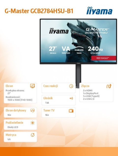 Monitor 27 cali GCB2784HSU-B1 FHD, 0.7ms, VA, 1500R, 240Hz, 2xHDMI, DP, 2xUSB, FreeSync Premium -1920x1080 (48-240Hz), HDR10, 2x