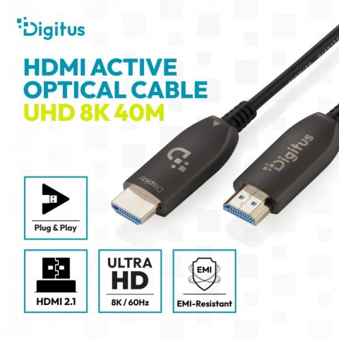 Kabel połączeniowy hybrydowy HDMI AOC | HDMI-A męski-męski | HDMI 2.1 | UHD-2 8K@60Hz | 48Gbps |HDR, eARC, HDCP 2.2, CEC | 40m