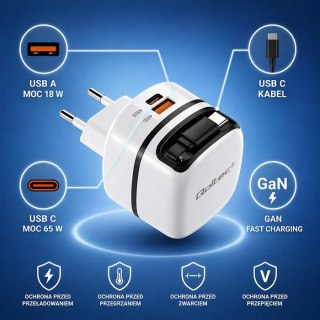 Ładowarka sieciowa GaN 65W | USB-C PD PPS | 5-20V | 3-3.25A | wysuwany kabel
