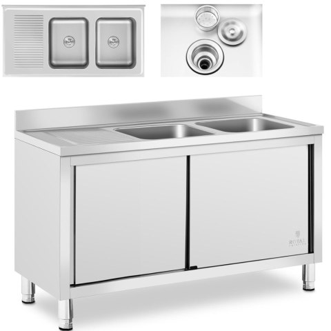 Zlew basen gastronomiczny dwukomorowy z szafką z drzwiami przesuwnymi 140 x 70 x 95 cm Royal Catering