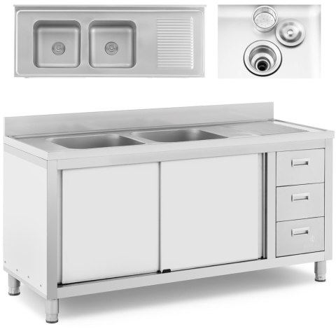 Zlew basen gastronomiczny dwukomorowy z szafką z drzwiami przesuwnymi szufladami stalowy 160 x 60 x 95 cm Royal Catering