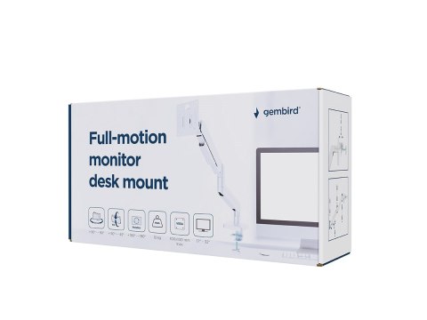 GEMBIRD BIURKOWE, REGULOWANE RAMIĘ/UCHWYT NA MONITOR 17"-32", OBCIĄŻENIE DO 10 KG, KOLOR BIAŁY