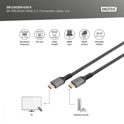 Kabel Premium połączeniowy HDMI 2.1 Ultra HighSpeed 8K60Hz UHD Typ HDMI A/A M/M 3m Czarny Digitus