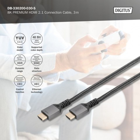 Kabel Premium połączeniowy HDMI 2.1 Ultra HighSpeed 8K60Hz UHD Typ HDMI A/A M/M 3m Czarny Digitus