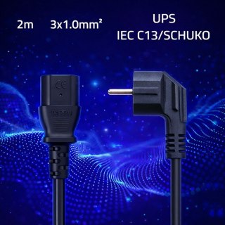Kabel zasilający | wtyczka kątowa SCHUKO CEE 7/7 (E/F) | IEC C13 | 3x1.0mm2 | Czysta miedź CU | 2m