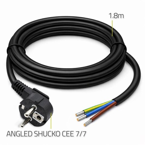 Kabel zasilający | wtyczka kątowa SCHUKO CEE 7/7 (E/F) | miedź Cu| odizolowany lutowany | 3x1.0mm2 | 1.8m