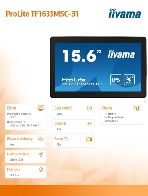 Monitor 15.6 cala ProLite TF1633MSC-B1 IPS,poj.10pkt.450cd,IP54