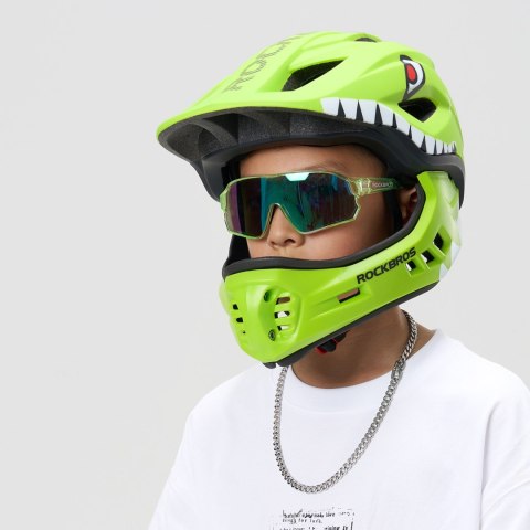 Kask rowerowy dziecięcy z odpinaną szczęką rozmiar S 48-52cm - zielony rekin ROCKBROS