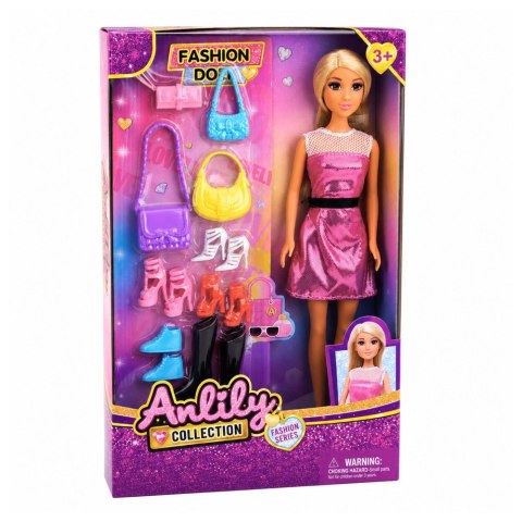Lalka Anlily Modowa W Różowej Sukience Zestaw Torebki Buty Akcesoria LEAN Toys