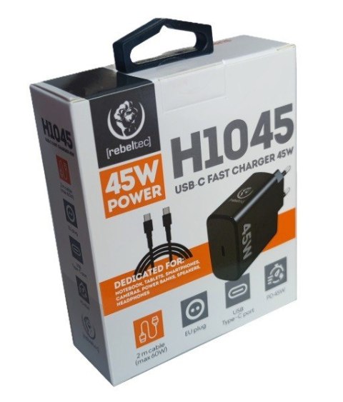 Zasilacz PD45W USB-C uniwersalny do notebooków, smartphonów, tabletów, power banków i innych urządzeń z gniazdem zasilającym USB Rebeltec