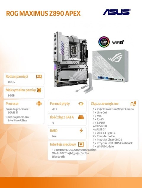Płyta główna ROG MAXIMUS Z890 APEX s1851 4DDR5 TB4 ATX/90MB1IP0-M0EAY0