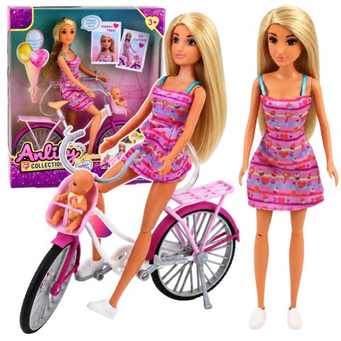 Lalka Anlily W Różowej Sukience Z Rowerem i Dzieckiem Fotelik Zestaw LEAN Toys