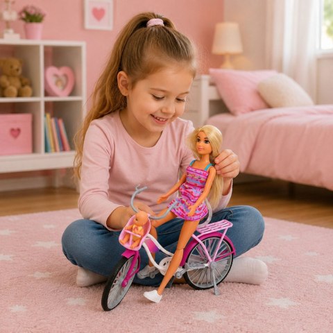 Lalka Anlily W Różowej Sukience Z Rowerem i Dzieckiem Fotelik Zestaw LEAN Toys