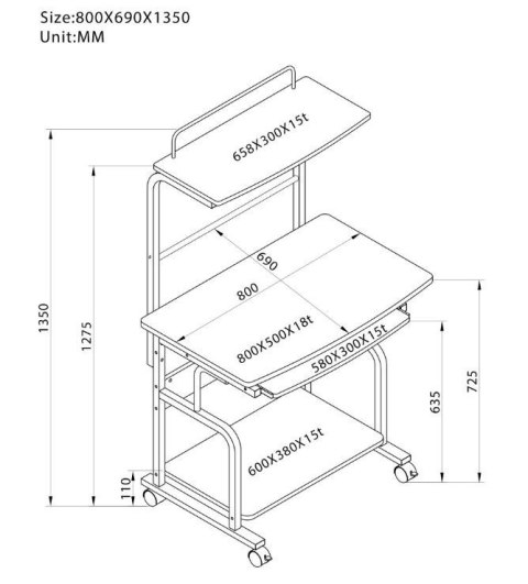 Biurko komputerowe mobilne z nadstawką Techly