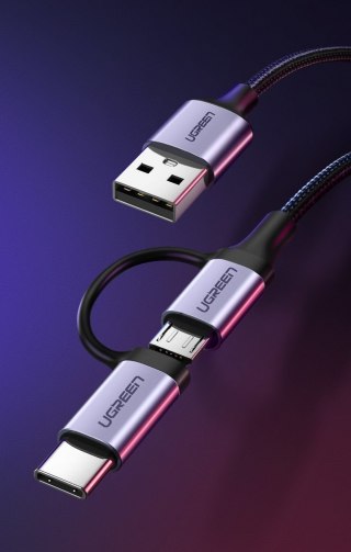 2w1 Kabel przewód w mocnym oplocie USB - microUSB + USB-C 1m 2.4A czarny UGREEN