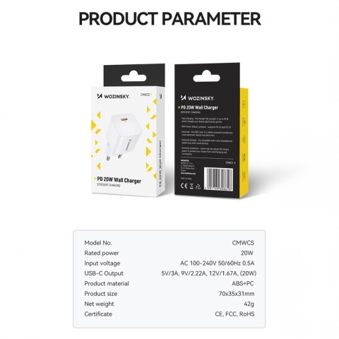 Ładowarka sieciowa 100-240V PD USB-C 20W biała WOZINSKY