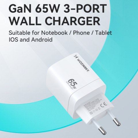 Ładowarka sieciowa GaN 65W 100-240V USB-A 2x USB-C biała WOZINSKY