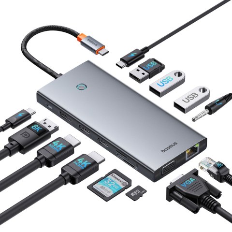 13w1 HUB adapter PortalJoy Series USB-C HDMI DP VGA USB-A PD RJ45 SD TF AUX - szary BASEUS