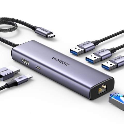 6w1 HUB adapter USB-C - 3x USB-A 3.0 / HDMI / RJ45 / USB-C PD - szary UGREEN