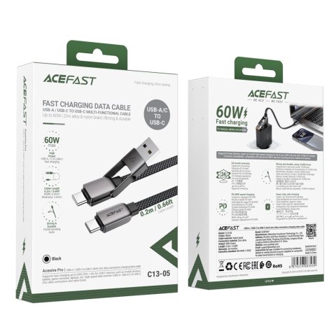 Kabel przewód USB-C - USB-A / USB-C 480Mb/s 3A 0.2m - czarny ACEFAST