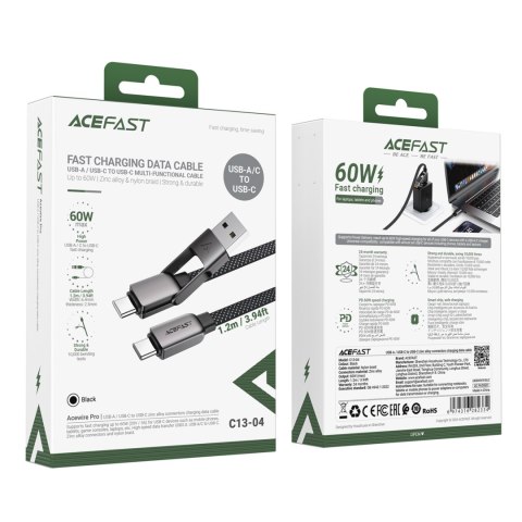 Kabel przewód USB-C - USB-A / USB-C 480Mb/s 3A 1.2m - czarny ACEFAST