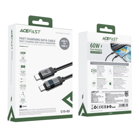Kabel przewód USB-C - USB-C z wyświetlaczem 480Mb/s 66W 1.2m - czarny ACEFAST