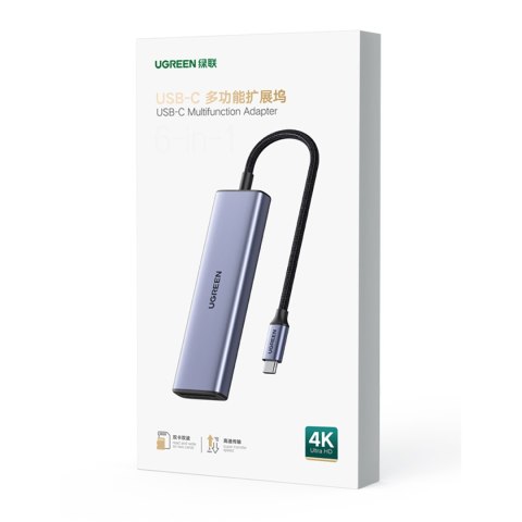 6w1 HUB Adapter USB-C - HDMI / USB-A / czytnik kart SD TF - szary UGREEN