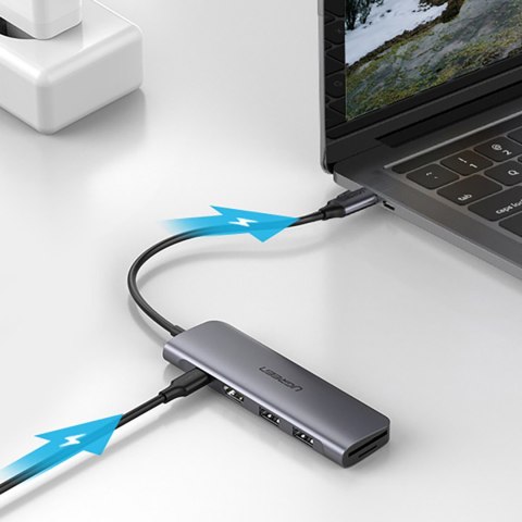 6w1 HUB adapter USB-C - HDMI USB-A USB-C PD czytnik SD TF - szary UGREEN