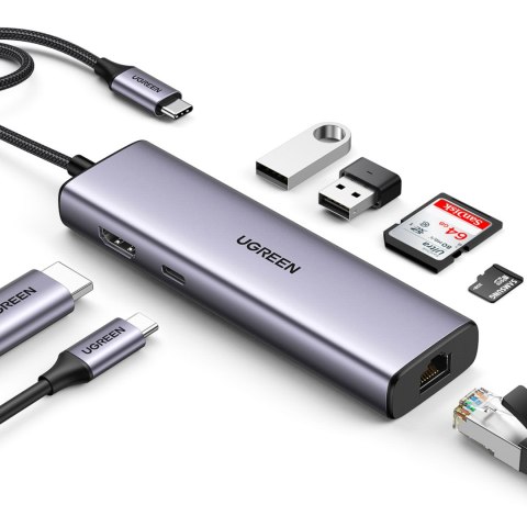 HUB Adapter USB-C - USB-A / HDMI / RJ45 / czytnik kart SD i TF / USB-C PD 100W - szary UGREEN