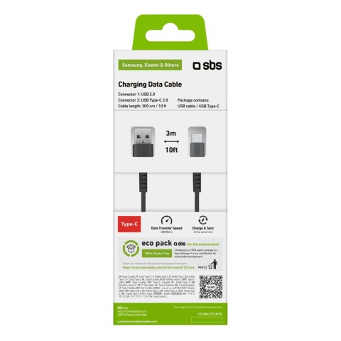 Kabel przewód USB-A - USB-C 3m - czarny SBS