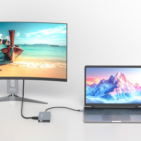 14w1 HUB do 3 monitorów USB-A USB-C DisplayPort HDMI RJ45 SD TF mini jack - szary