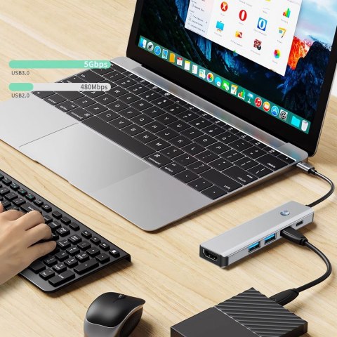 5w1 HUB Adapter USB-C PD USB-A HDMI 4K 60Hz 100W - szary Tech-Protect
