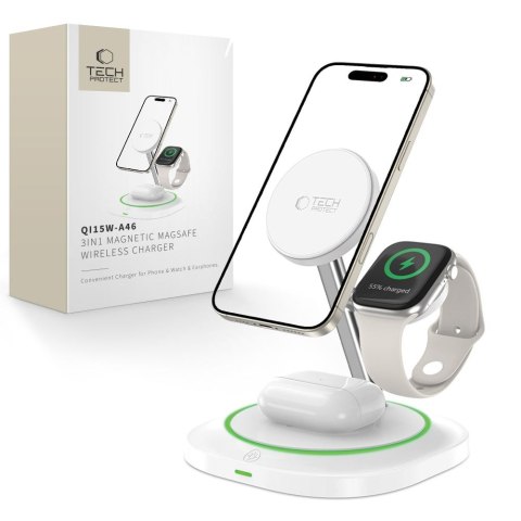 Ładowarka indukcyjna 3w1 do smartfona smartwatcha słuchawek Magnetic MagSafe - biała Tech-Protect