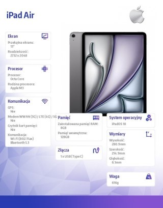IPad Air 13 cali WiFi 128GB Szary Apple