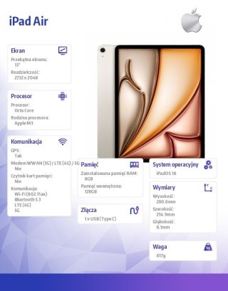 IPad Air 13 cali WiFi + Cellular 128GB Złoty Apple