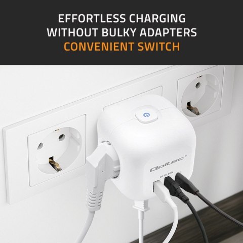Kostka zasilająca przedłużacz 6w1 z podświetlanym włącznikiem | 3x AC | 2x USB | 1x USB-C PD 20W | biała Qoltec