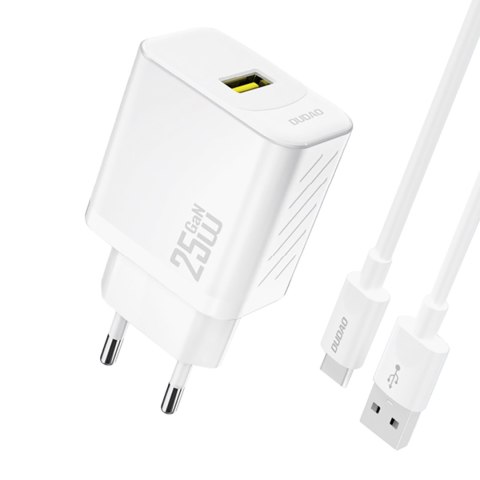 Ładowarka sieciowa USB-A z kablem USB-A - USB-C GaN 25W - biała DUDAO