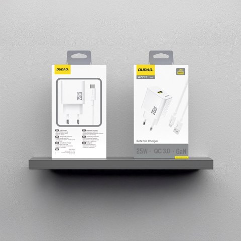 Ładowarka sieciowa USB-A z kablem USB-A - USB-C GaN 25W - biała DUDAO