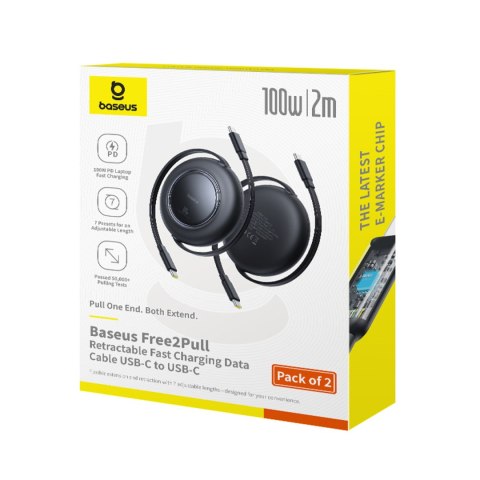 Kabel przewód zwijany USB-C 100W 2m czarny - 2 szt. BASEUS