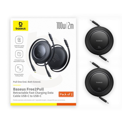 Kabel przewód zwijany USB-C 100W 2m czarny - 2 szt. BASEUS