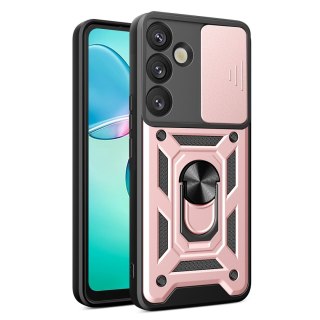 Etui pancerne z osłoną aparatu ringiem podstawką do Samsung Galaxy S25+ Hybrid Armor Camshield - różowy HURTEL