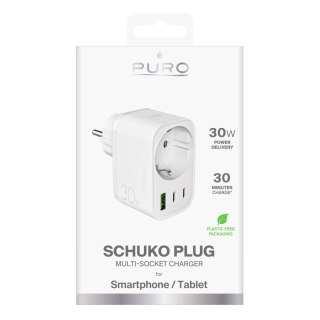 Ładowarka sieciowa z wtyczką gniazdem Schuko USB-C USB-A 30W Power Delivery - biała PURO