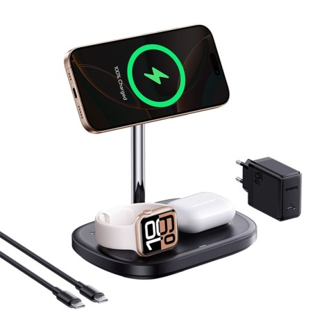 Ładowarka indukcyjna 3w1 do smartfona zegarka słuchawek z chłodzeniem kablem USB-C 45W - czarna BASEUS