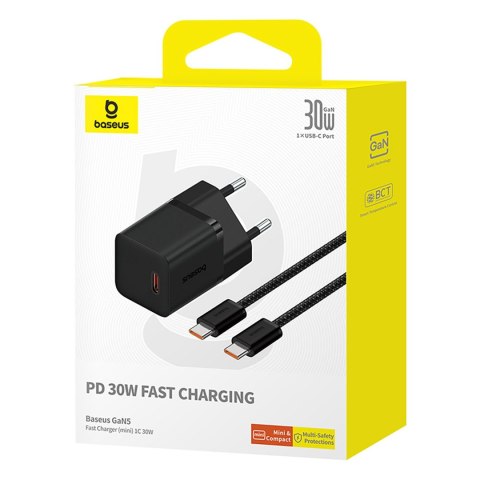 Ładowarka sieciowa USB-C GaN5 30W z kablem USB-C 100W - czarna BASEUS