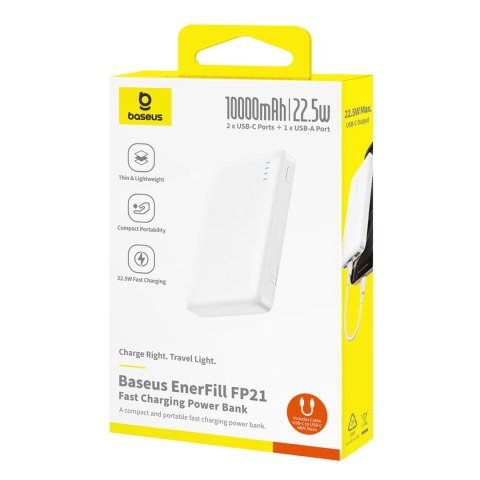 Powerbank 10000mAh 22.5W EnerFill FP21 USB-A USB-C z kablem USB-C - biały BASEUS